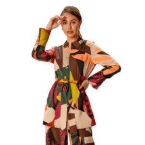 Satin Abstract Print Women's Blouse with sash belt